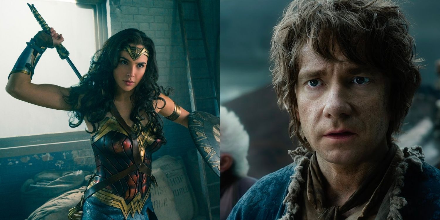 Diana drawing her sword in Wonder Woman and Bilbo looking serious in The Hobbit