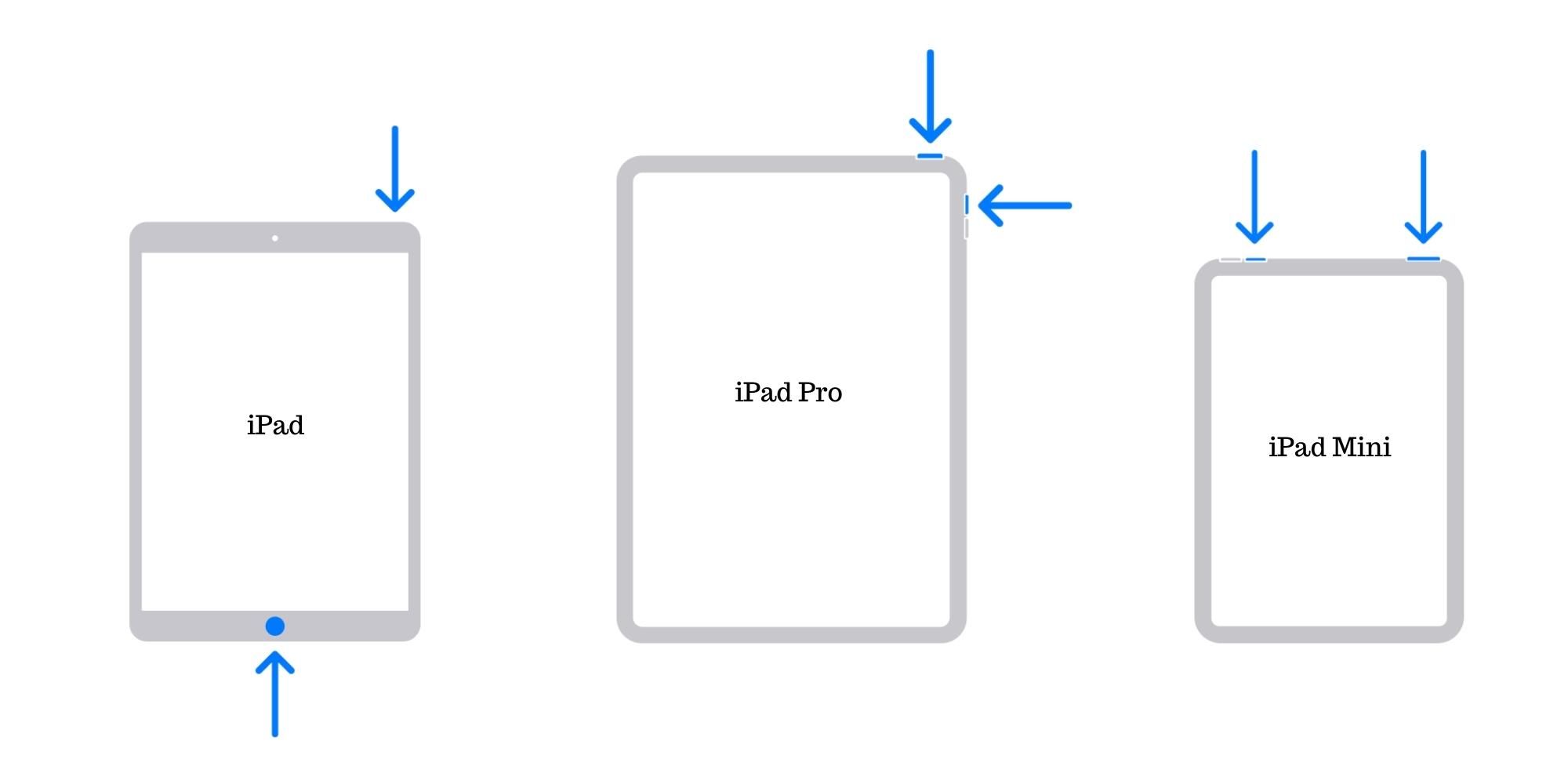 Different iPads with power and volume buttons