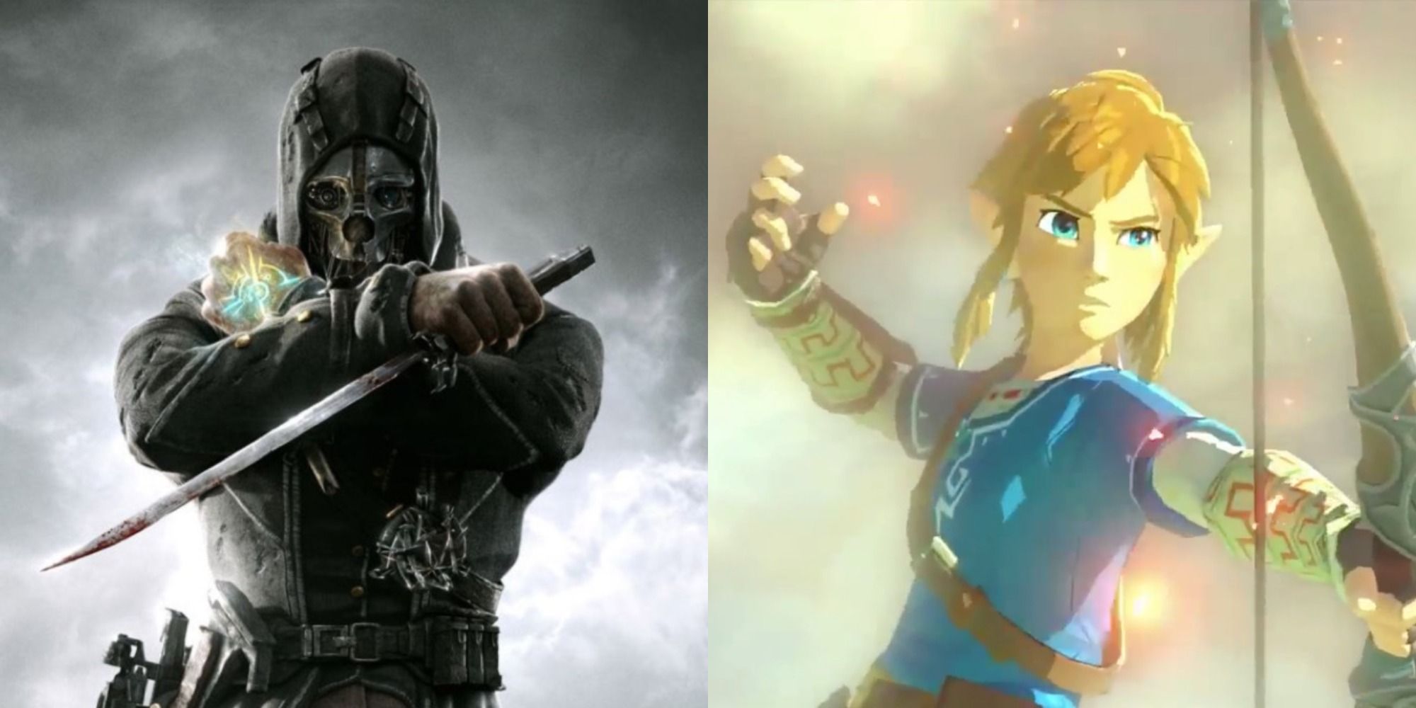 Split image showing Corvo in Dishonored and Link in BOTW
