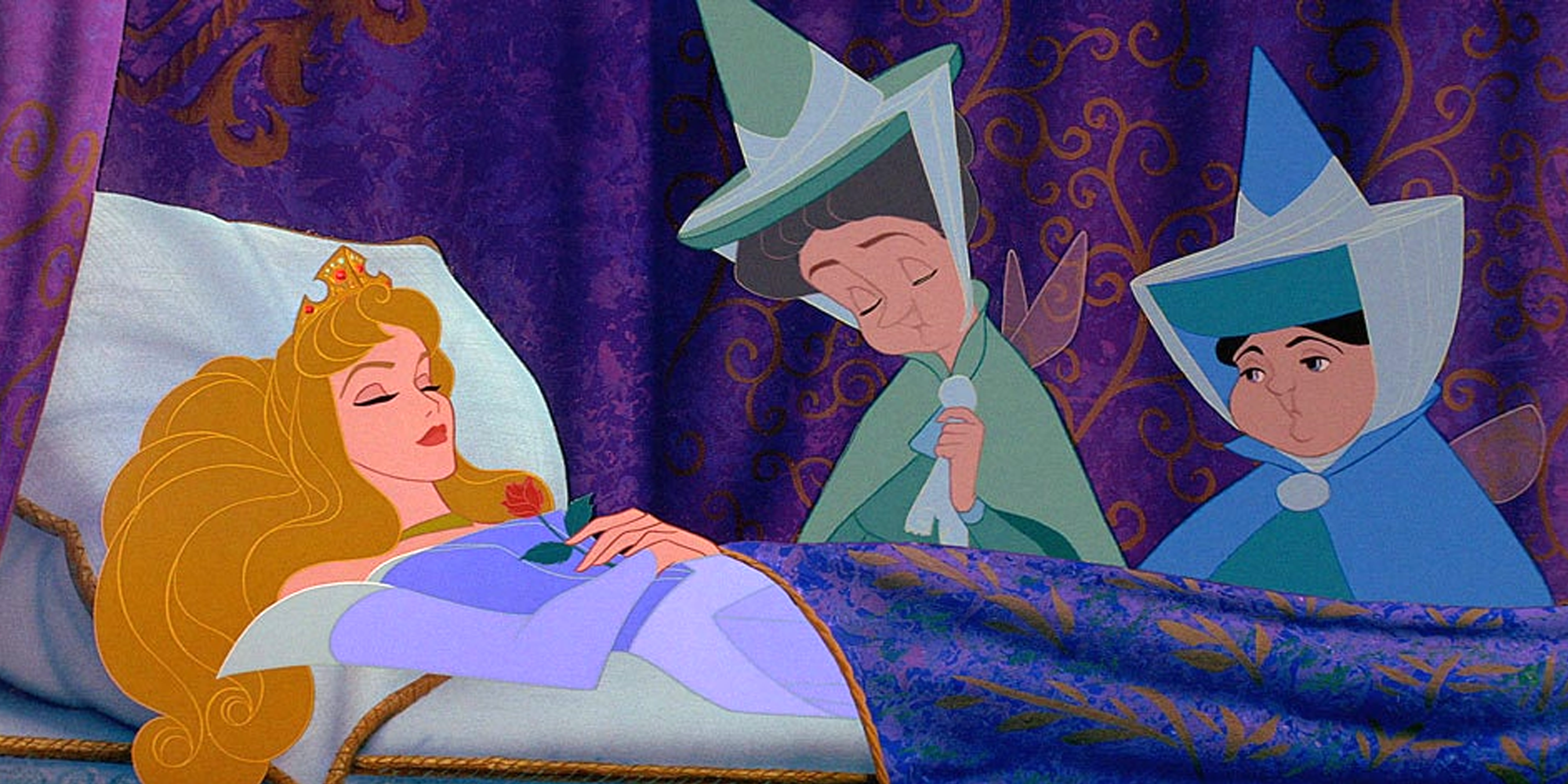 Two fairy godmothers are watching Aurora sleeping in bed in Sleeping Beauty.