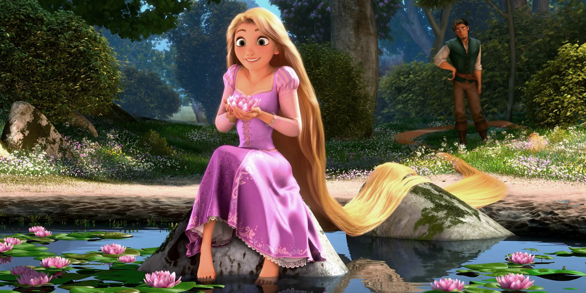 Rapunzel sat outside by a lake, with Flynn Rider in the background, in Tangled
