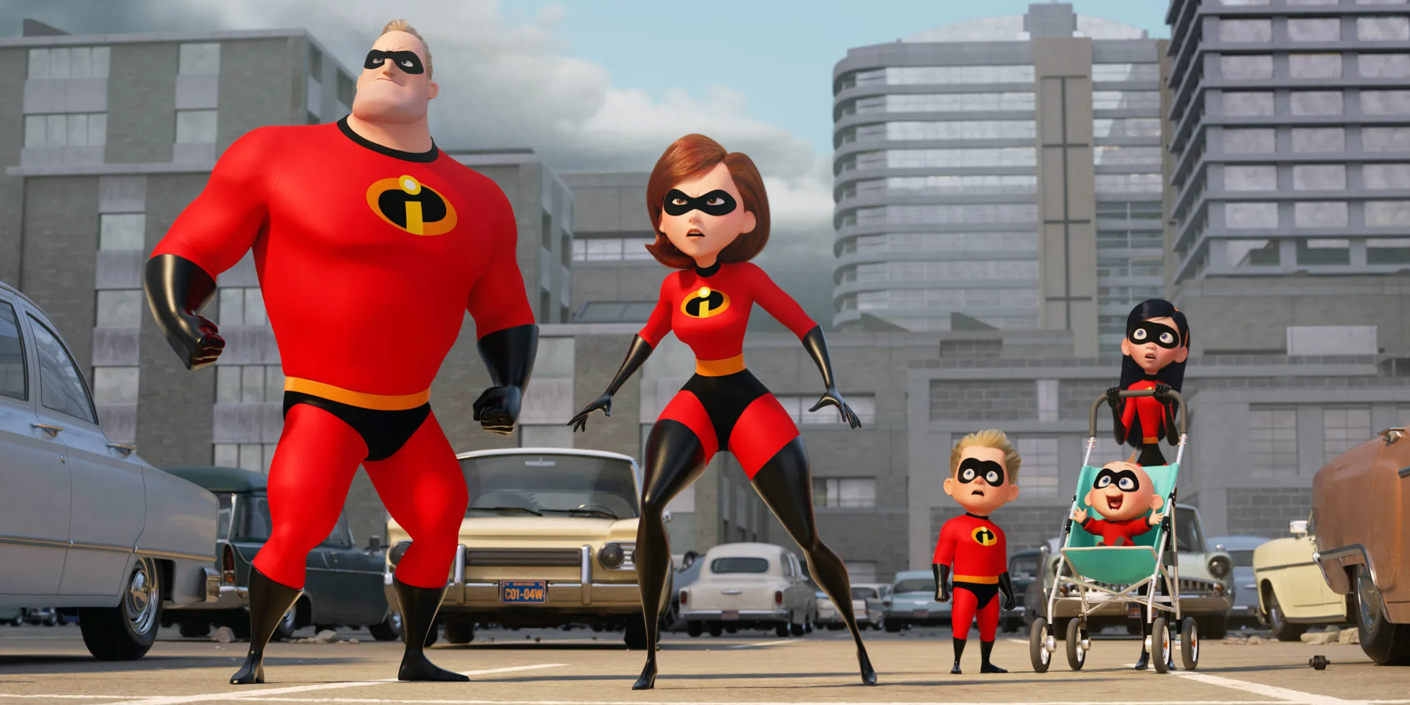 Cast of the Incredibles standing outside in traffic.