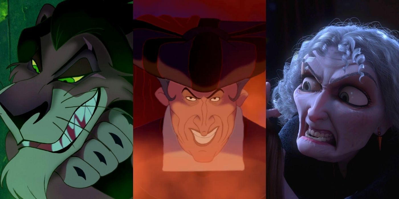 Disney Villains and Their Songs Featured Image, Including Scar from The Lion King, Minister Frollo from The Hunchback of Notre Dame, and Mother Gothel from Tangled