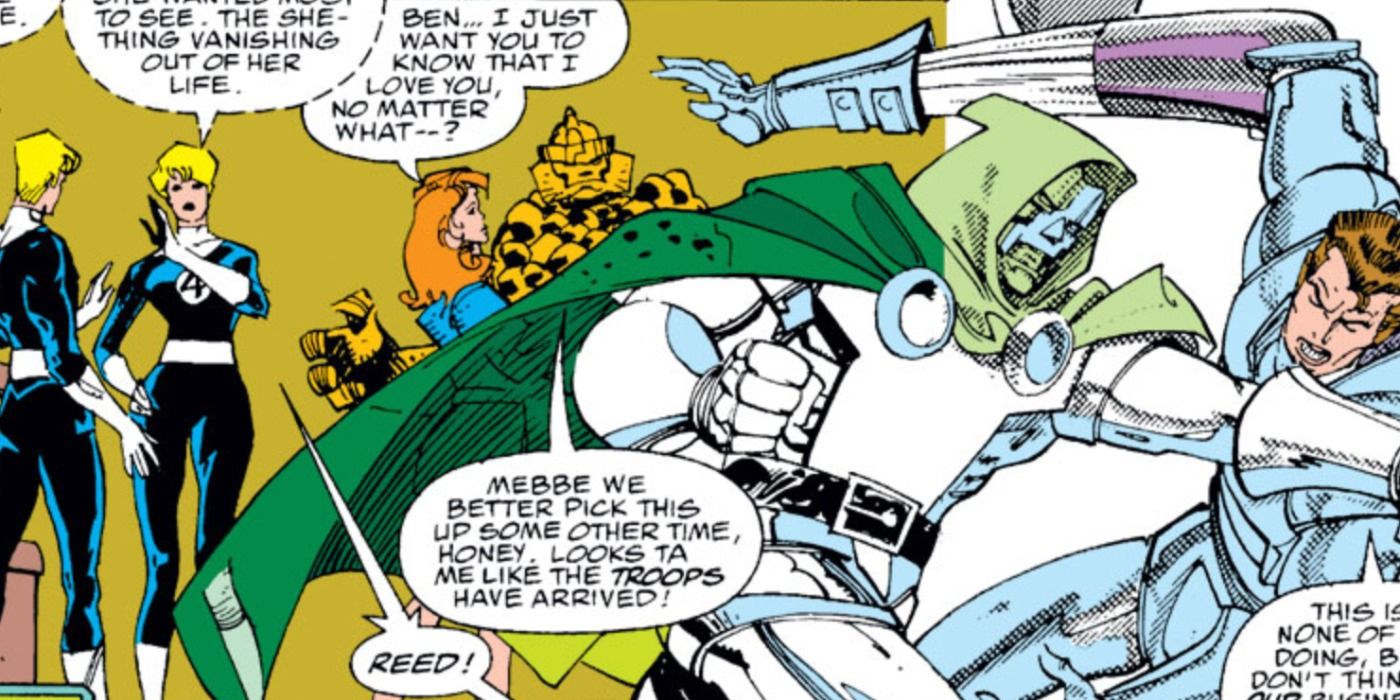 Doctor Doom punches Reed Richards through time in DC Comics.