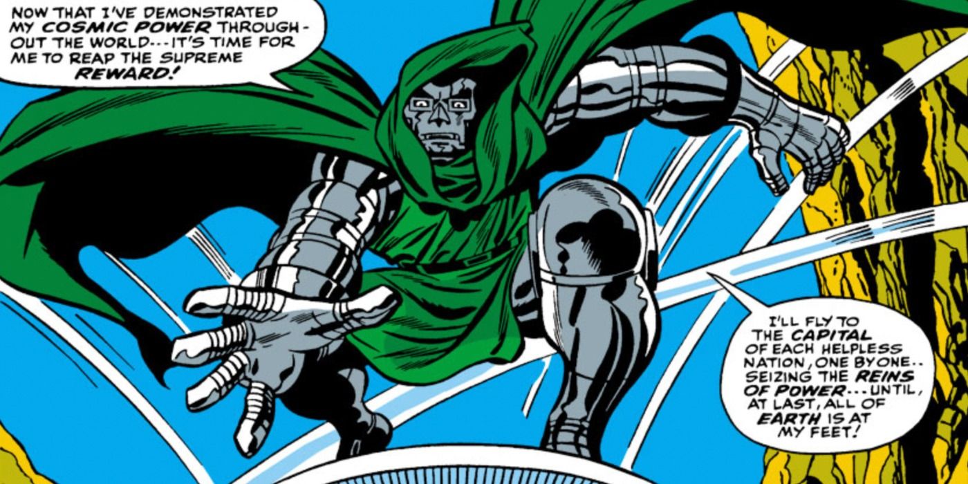 Doctor Doom rides Silver Surfer's surfboard in Marvel Comics.