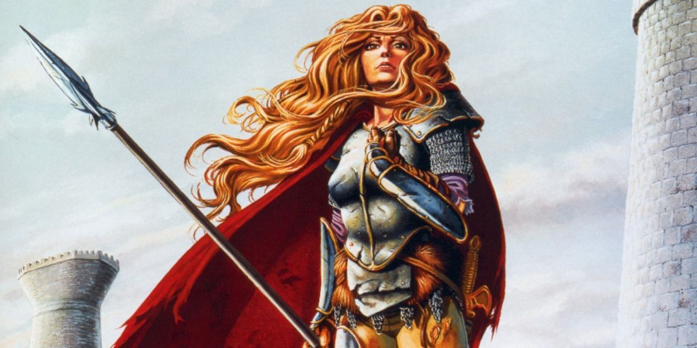 Laurana Kanan, from D&D's Dragonlance setting, holding a spear.