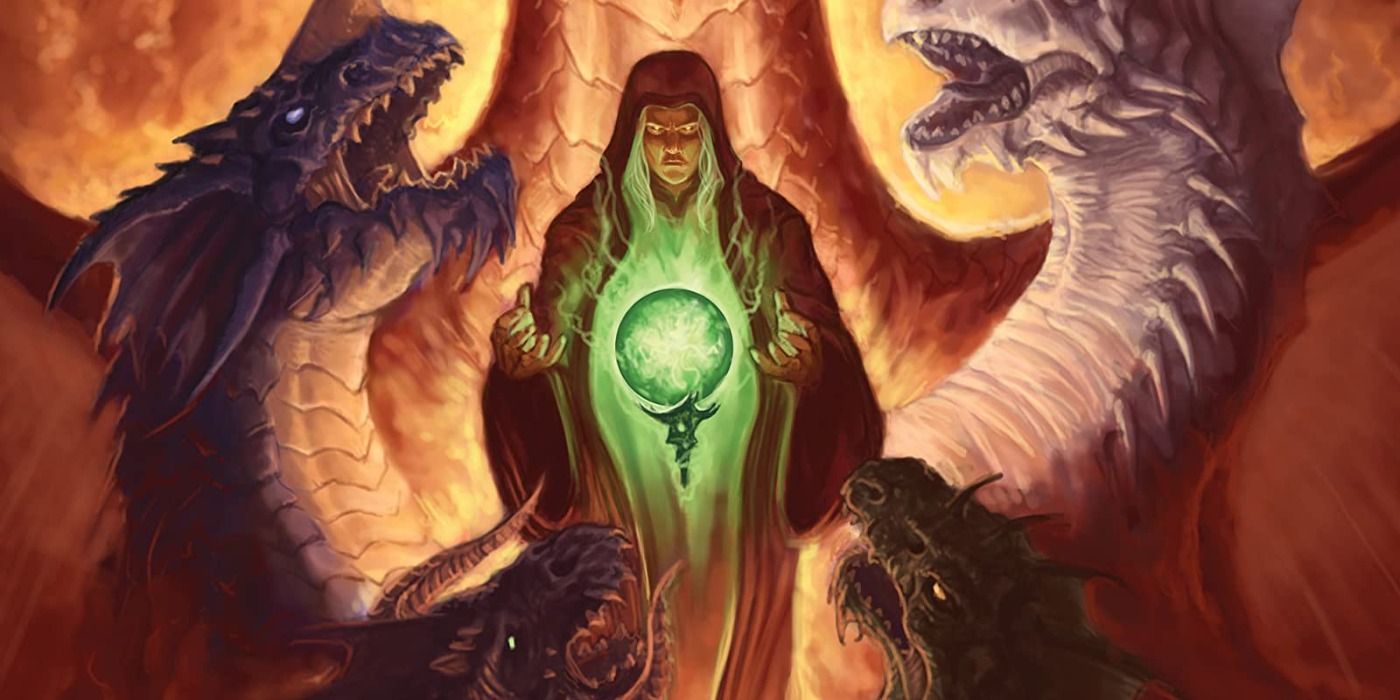 A Dragonlance character looking into a glowing and floating green crystal ball, surrounded by dragons.