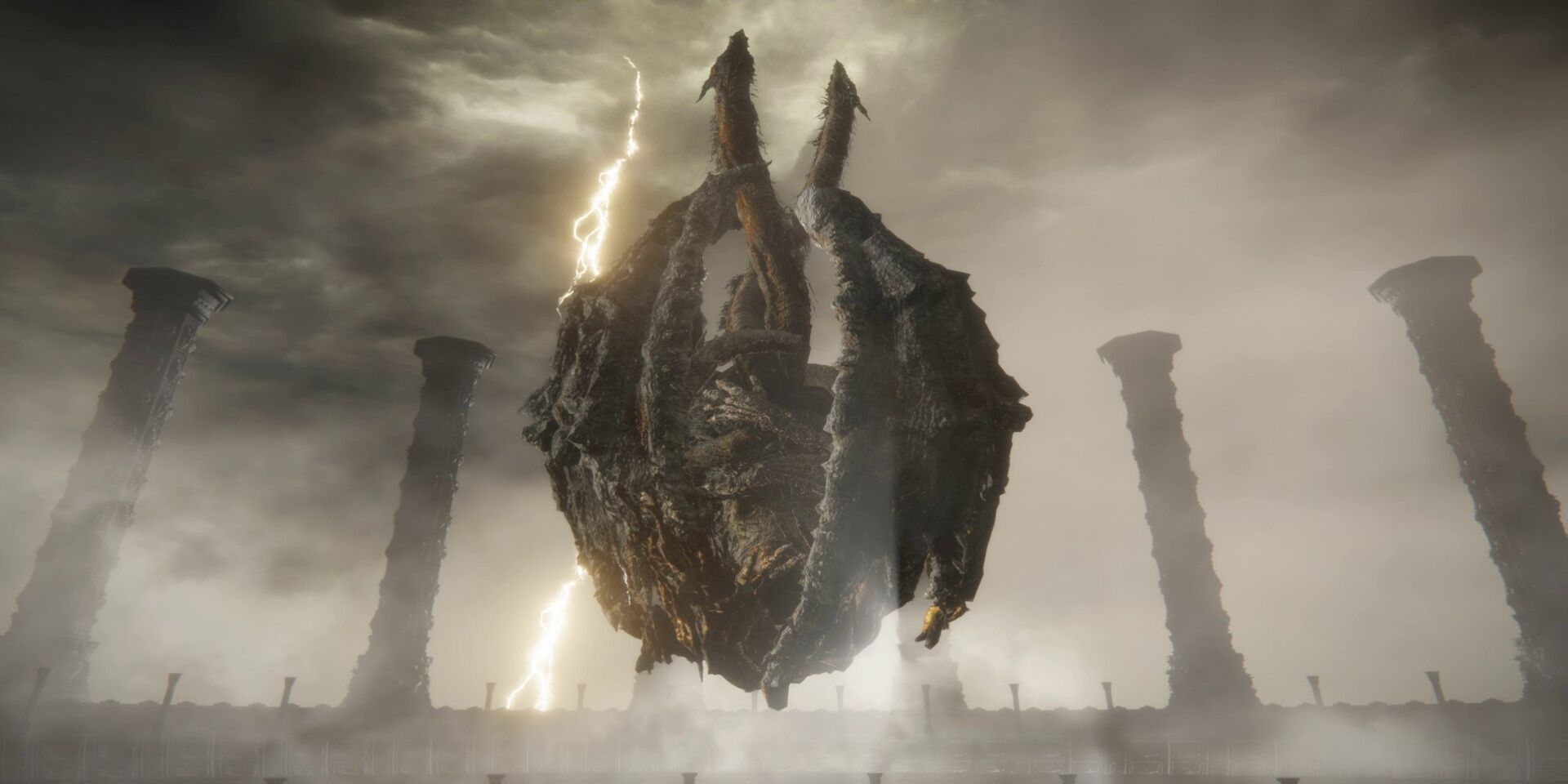 Elden Ring's secret boss Dragonlord Placidusax. It is represented by a curled up dragon in the form of a floating ball. The arena has tall pillars and there is smoke that makes the location quite blurry. There is also lightning falling from the sky, beyond the arena's limits.