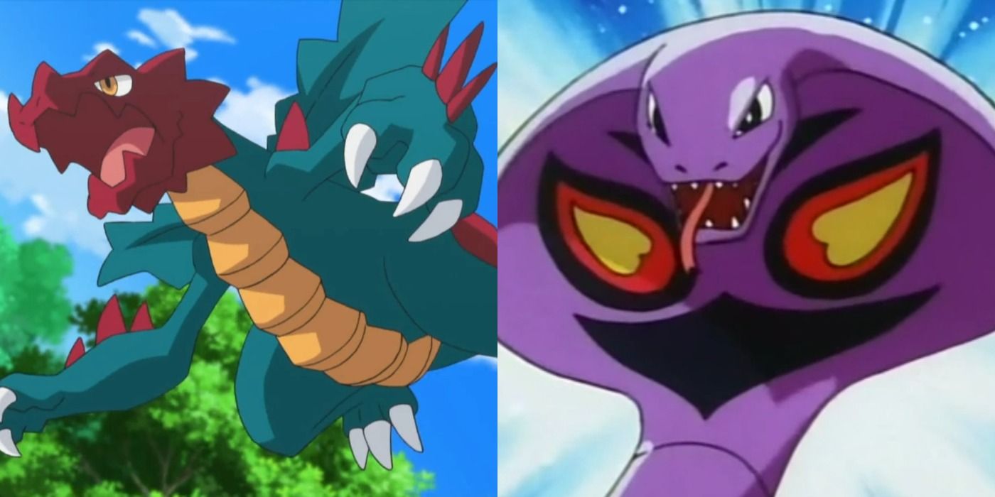 Split image of Druddigon and Arbok in the Pokémon anime