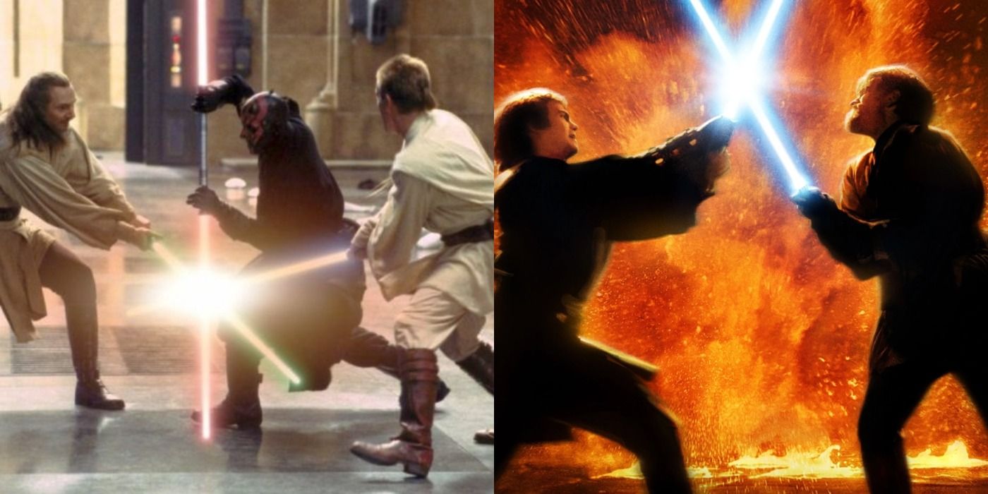 Split image of the Duel of the Fates and Duel on Mustafar from the Star Wars prequels