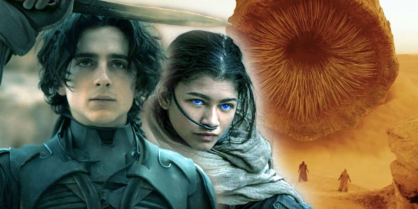 Montage of Chani, Paul Atreides, and a sandworm from Dune.