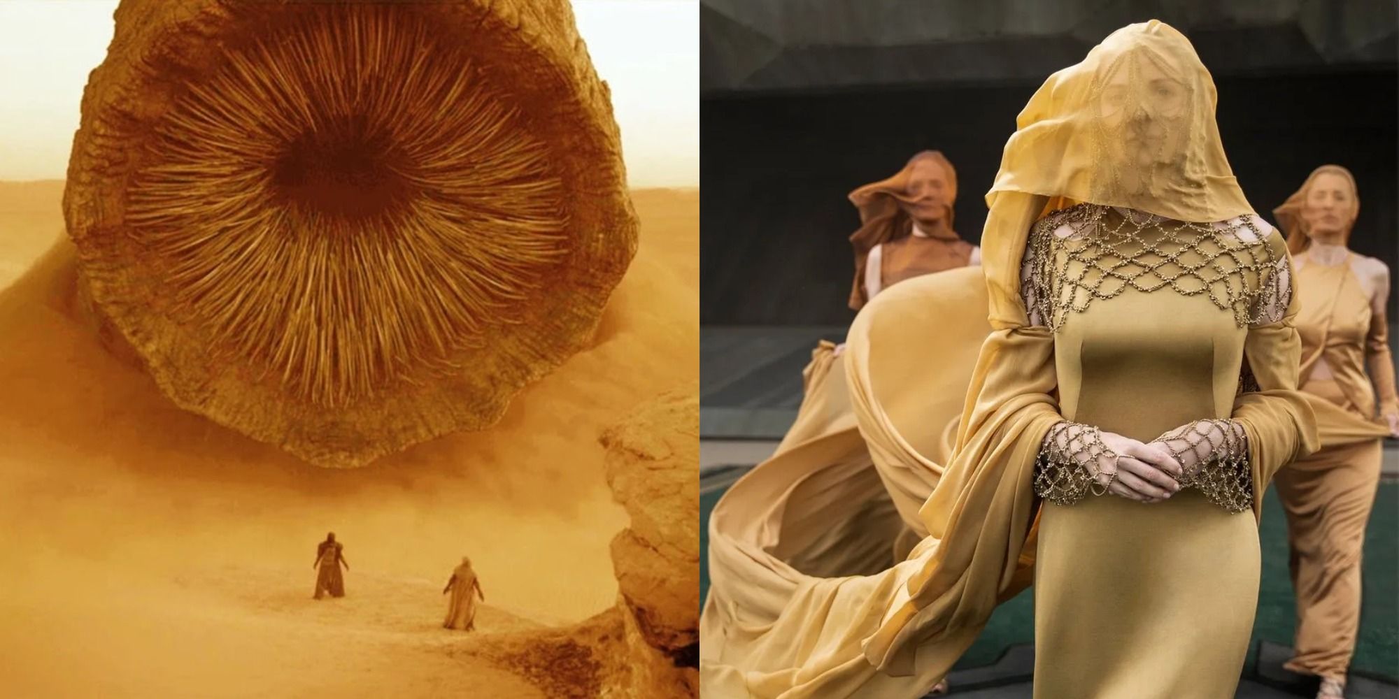 Split image showing a Sandworm and Lady Jessica in Dune