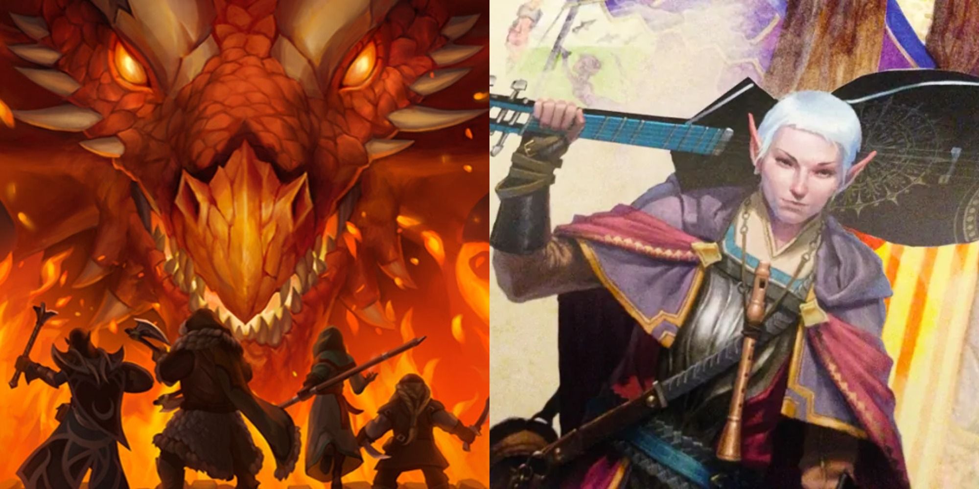 Split image showing a dragon and a bard from Dungeons and Dragons