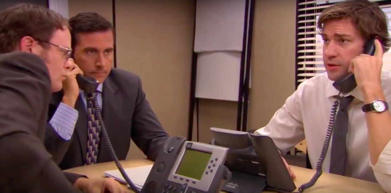 Dwight, Michael and Jim in The Office on fake sales call in The Office
