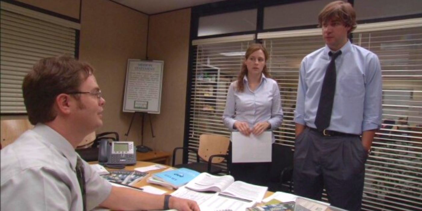 Dwight talking to Jim and Pam in The Office episode 'Healthplan'