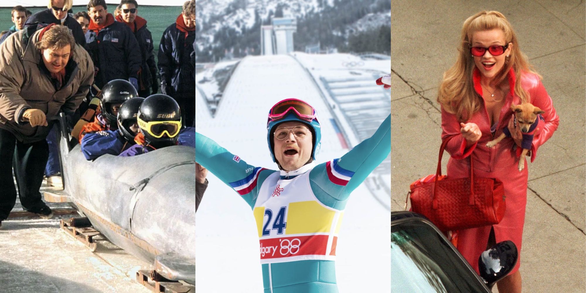 Split image of scenes from Eddie The Eagle, Cool Runnings and Legally Blonde