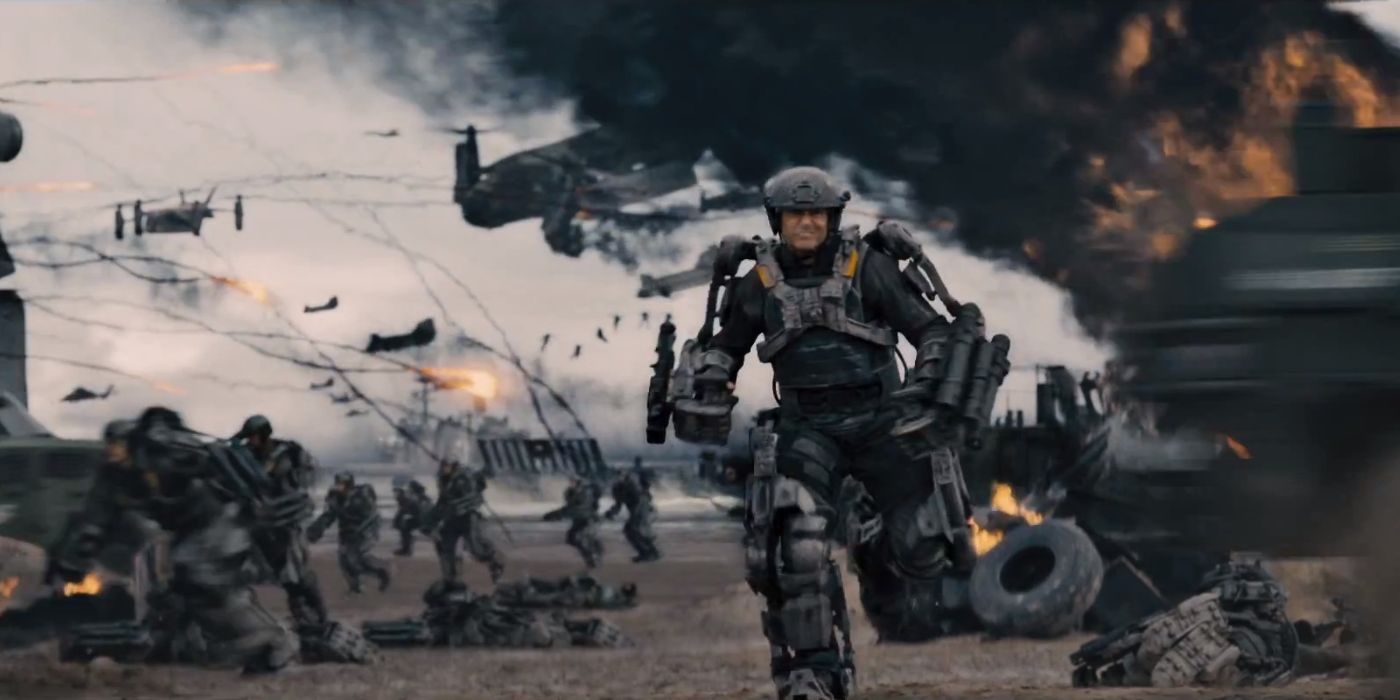 Tom Cruise in a Robotic Suit Running Across A Battlefield in Edge of Tomorrow