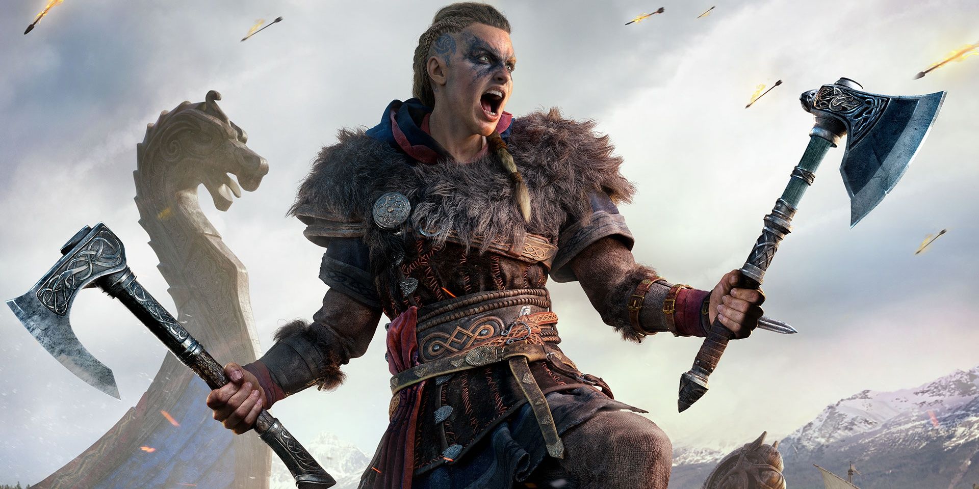 Eivor holds two axes in battle in Assassins Creed Valhalla Cropped