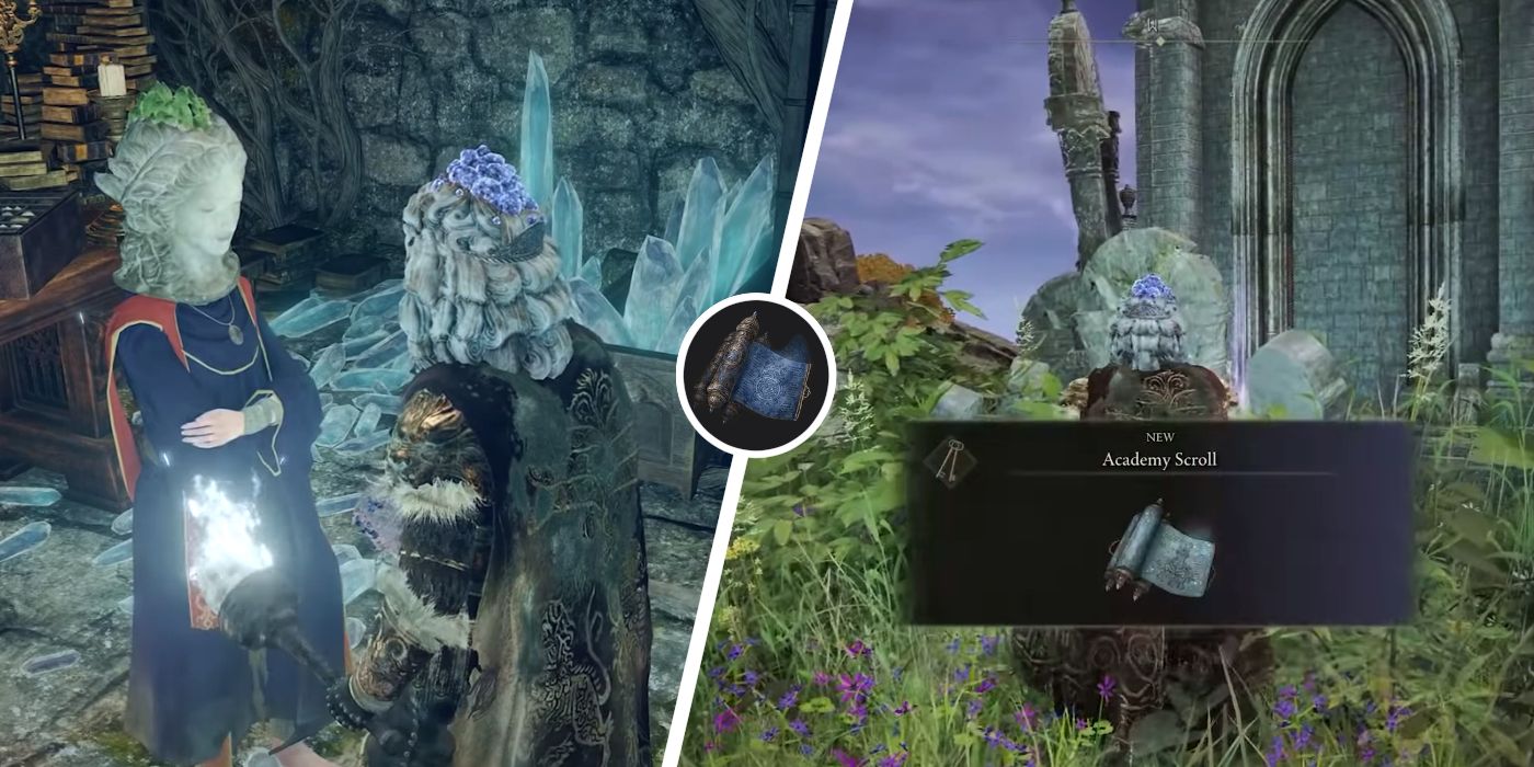 An image of an Elden Ring player talking to Sorceress Sellen on the left with an image of the Academy Scroll item on the right