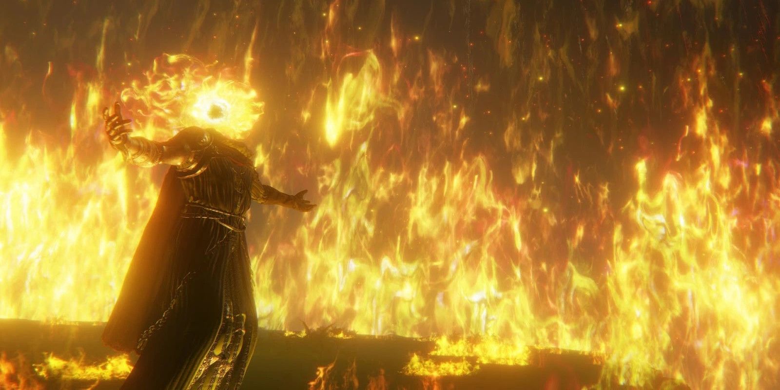 A shot from the Lord of the Frenzied Flames in Elden Ring, showing a human figure with a head made of fire and their arms outspread, surrounded by yellow flames.