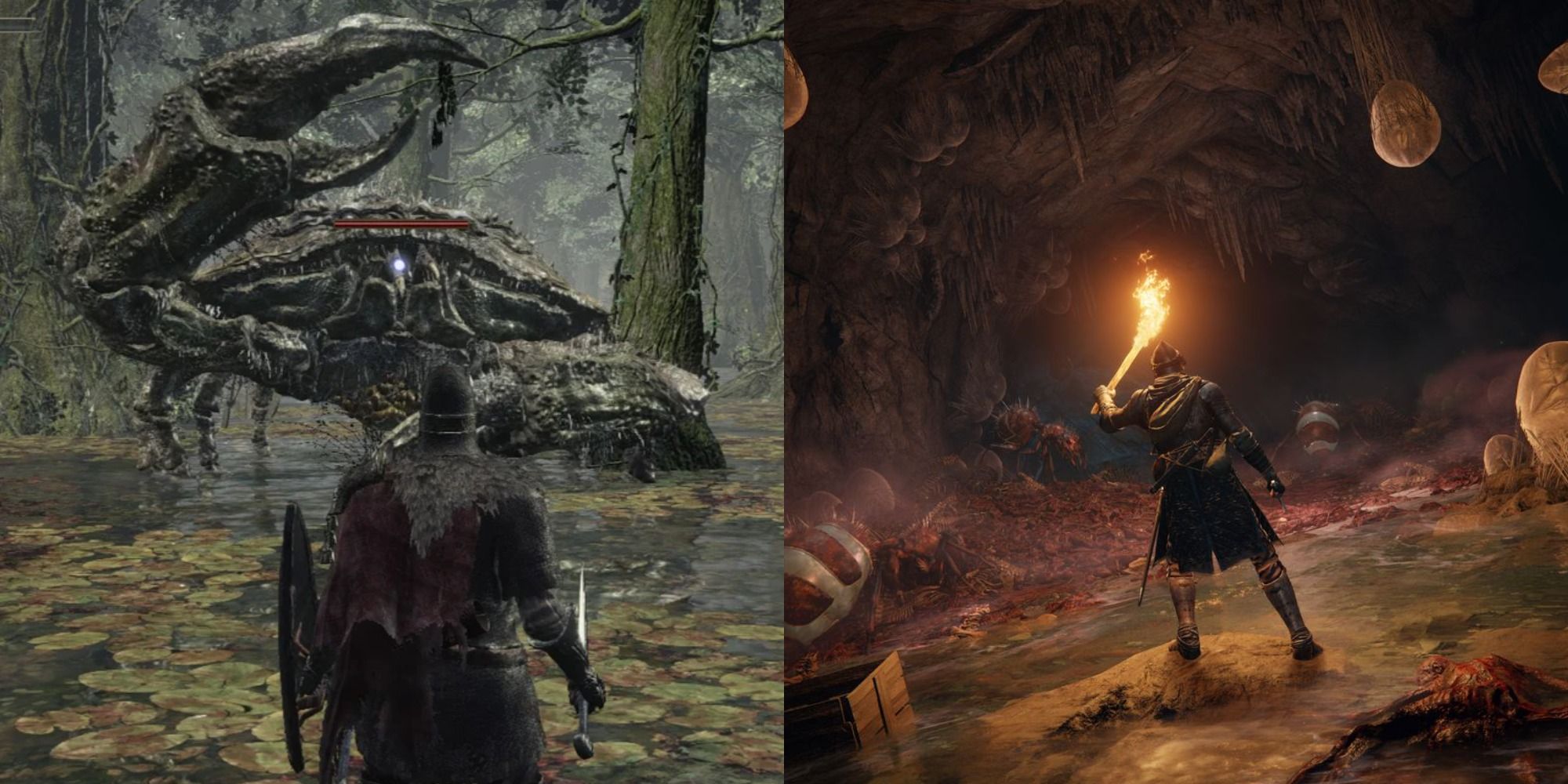 Split image showing a giant crab and a character in a swamp in Elden Ring