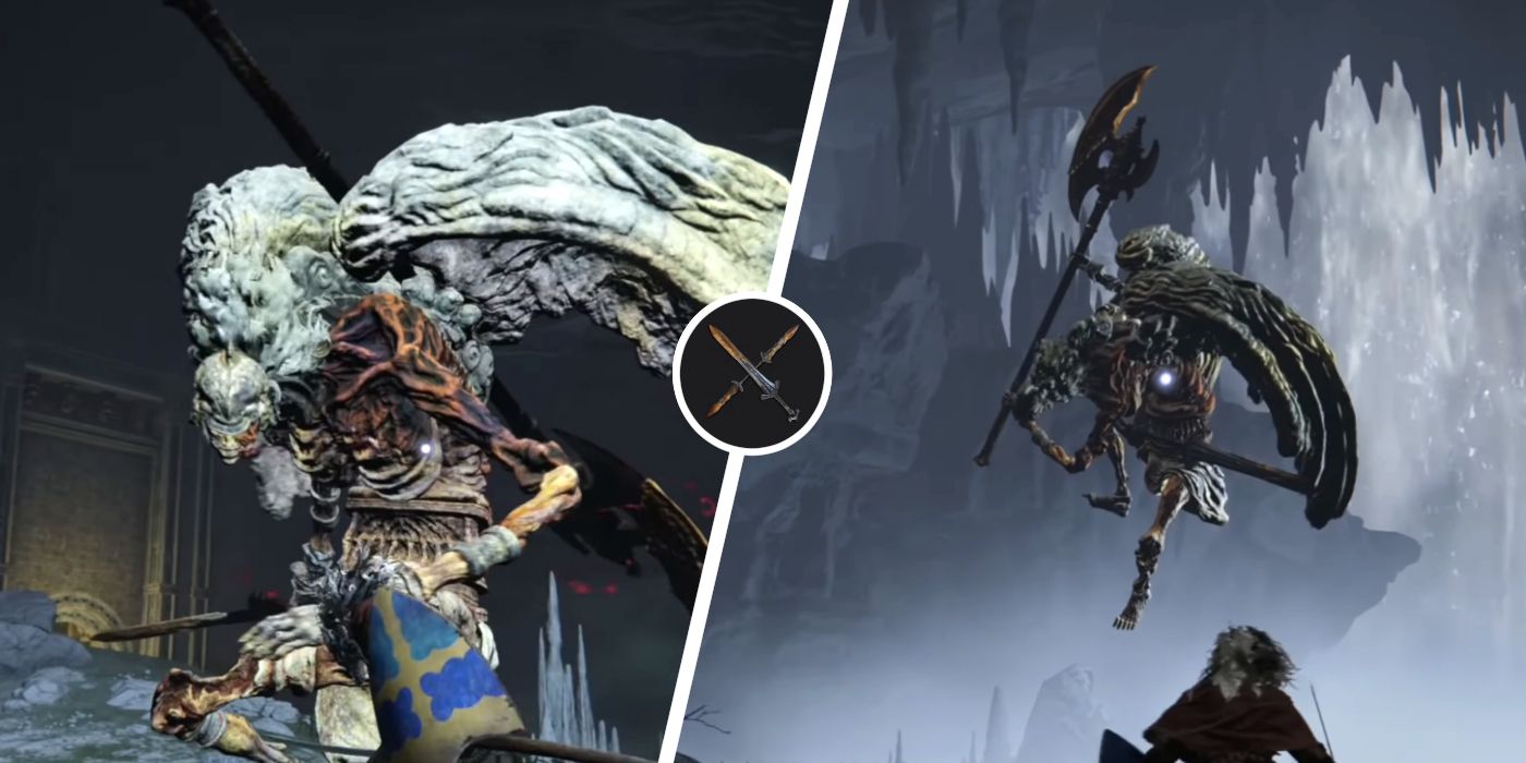 An Elden Ring player being attacked by two different gargoyle bosses on two different screens, with the image of Elden Ring's Twinblade weapon between them.