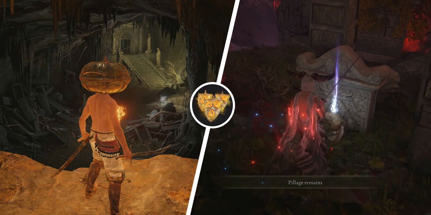 An Elden Ring player looking into a cave next to a picture of the player discovering an item on a corpse in front of a tombstone, with the Haligdrake Talisman icon in the middle.