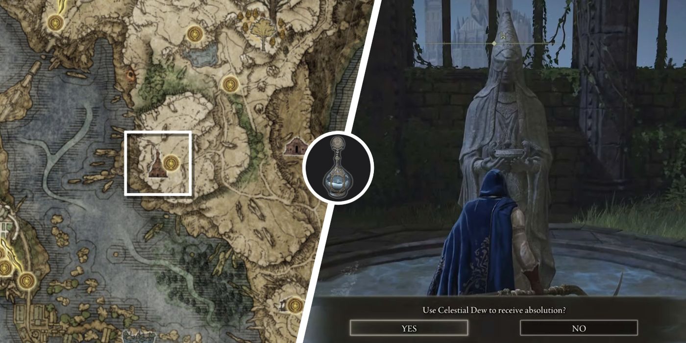 The location of the Church of Vows on Elden Ring's map next to an image of a player standing in front of a statue