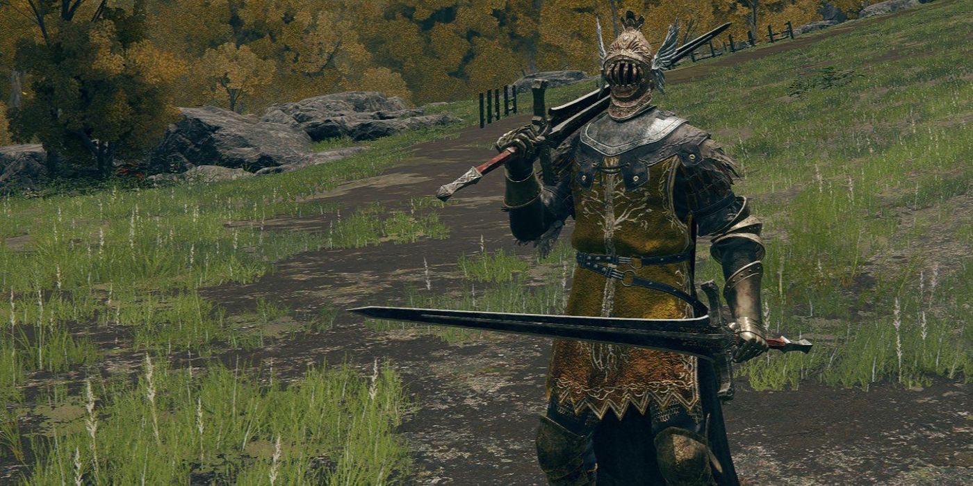 A character with two swords standing on an open field in Elden Ring.