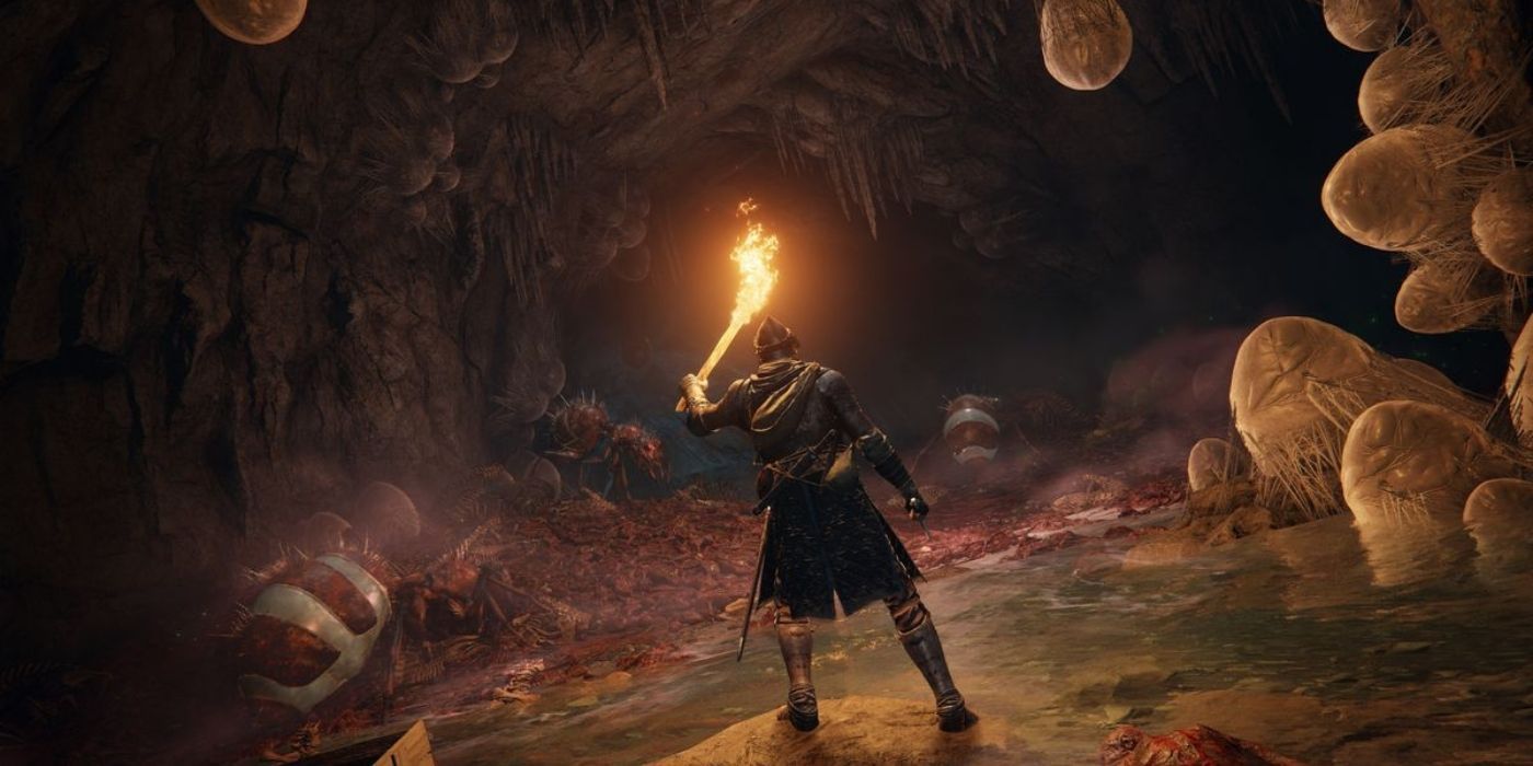 A character holding a torch in the poison swamps in Elden Ring