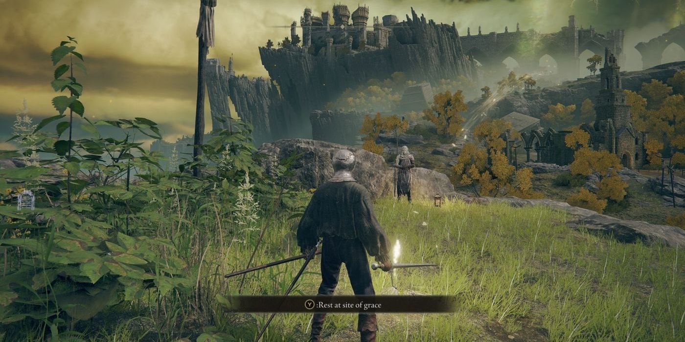 A character standing in an open field in the Elden Ring