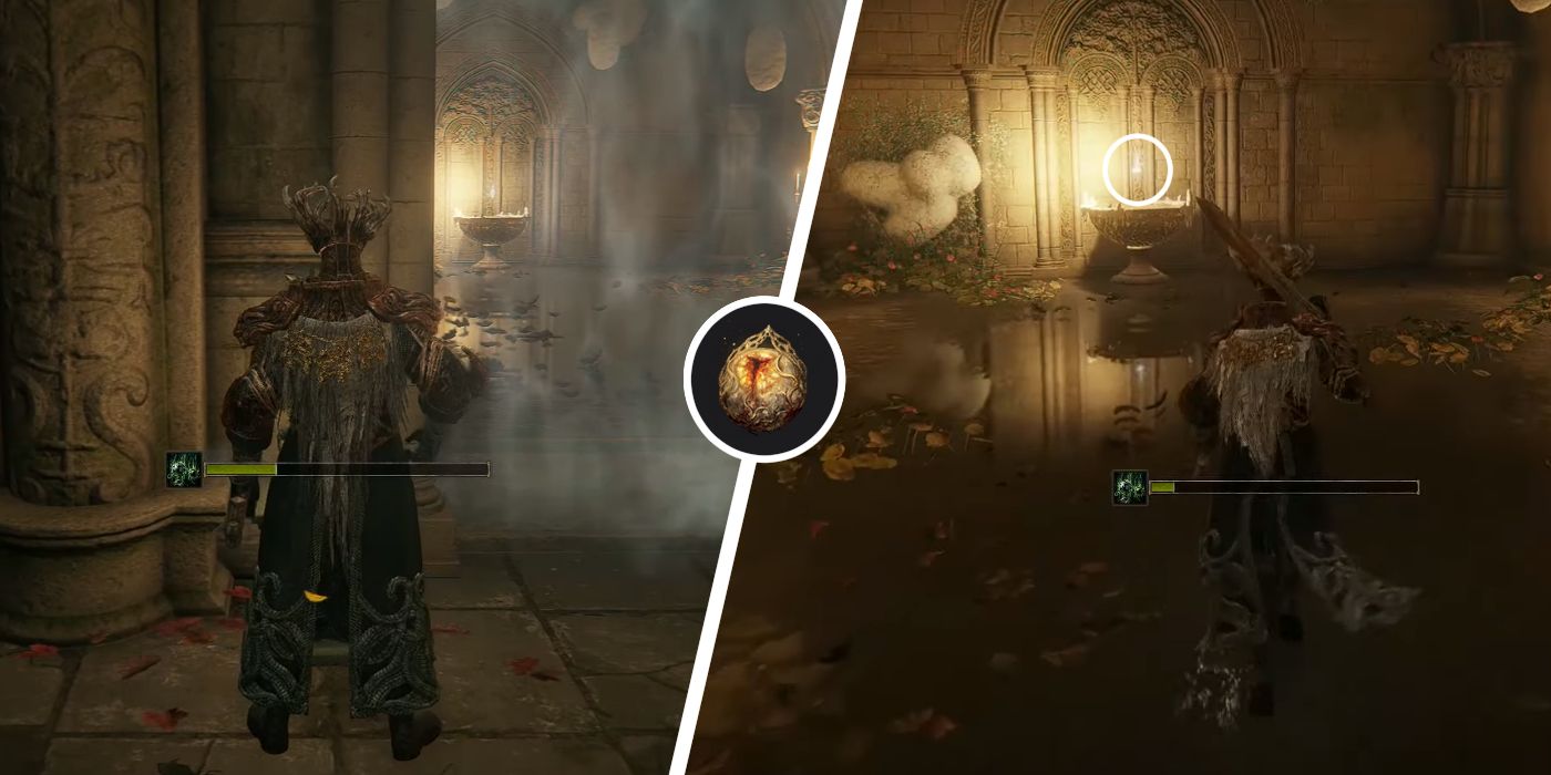Una imagen partida en dos.  El de la izquierda muestra al jugador acercándose al lugar donde encontrará el talismán legendario Soreseal de Marika, mientras que el de la derecha lo muestra cerca del objeto.  Entre ambas imágenes se encuentra el artículo.