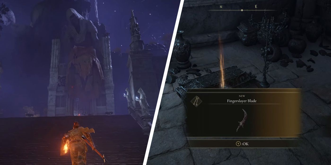 Elden Ring player walking up stairs in Nokron, invisible city next to an image of the Fingerslayer Blade