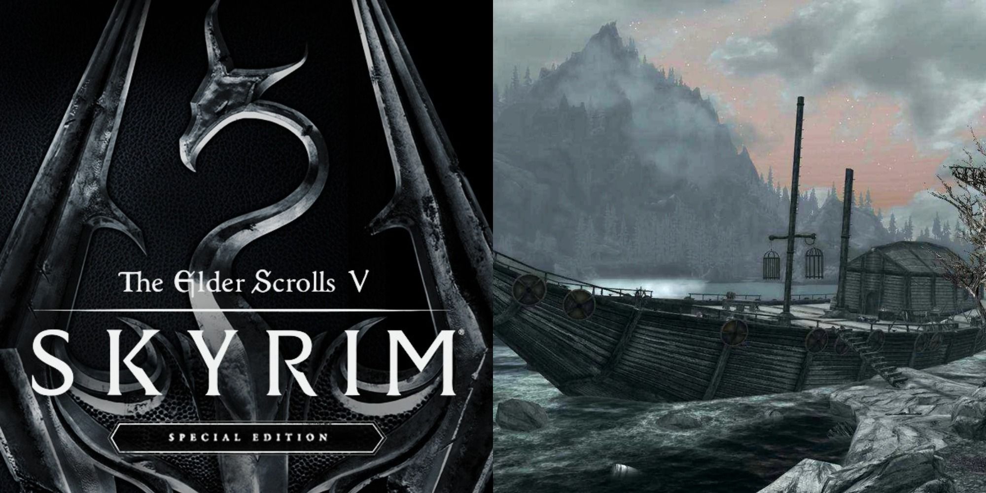 Split image showing the cover to Skyrim and a shipwreck