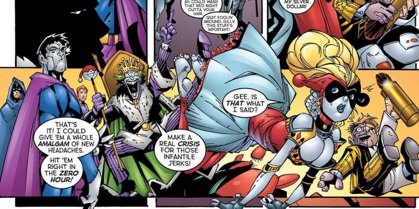 Emperor Joker transforms Two-Face into a doll in DC Comics.