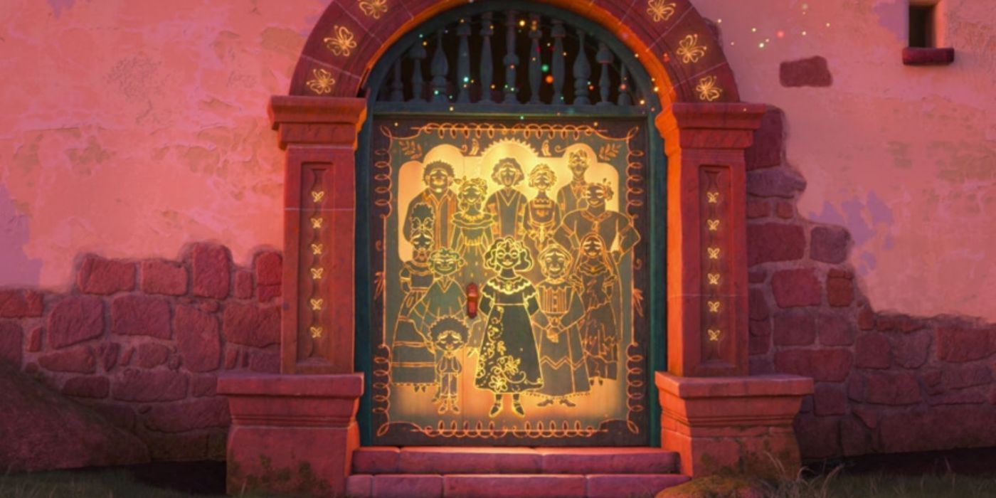 The door to the house at the end of Encanto that depicts every member of the family in sparkling gold