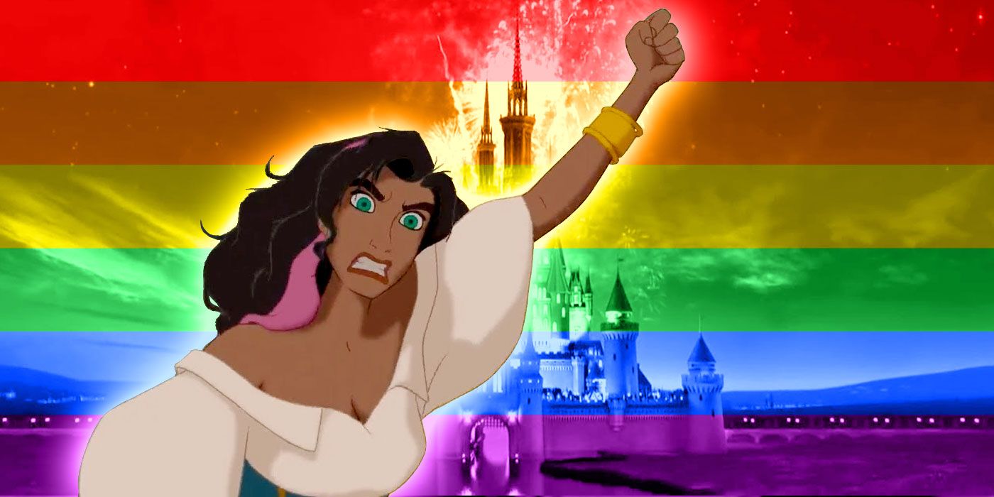 Disney's Magic Castle, overlaid with pride flag colours, and Esmerelda from The Hunchback of Notre Dame shouting for justice.