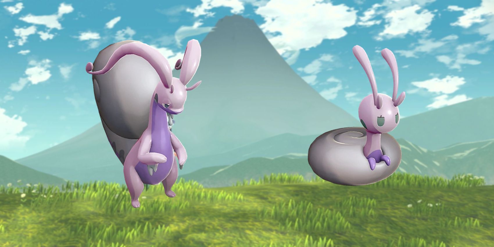 Les formes hisuiennes de Sliggoo et Goodra dans Pokémon Legends Arceus sur un terrain herbeux