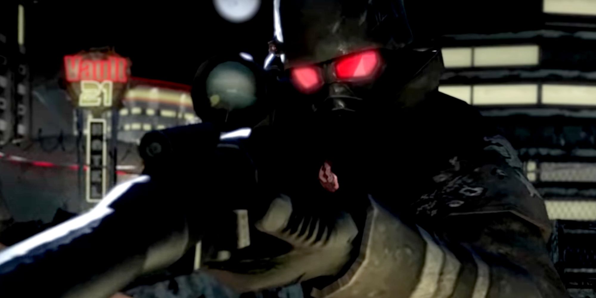 Um NCR Ranger com óculos vermelhos aponta um rifle de precisão para a câmera em uma captura de tela de Fallout: New Vegas.