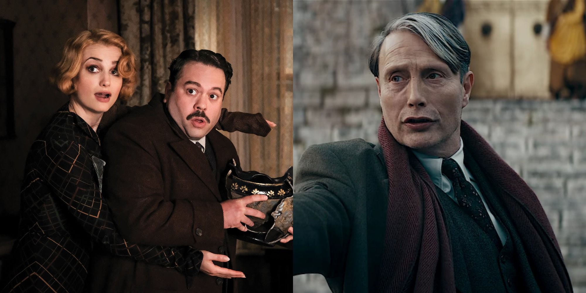 Split image showing Queenie and Jacob and Grindelwald in Fantastic Beasts