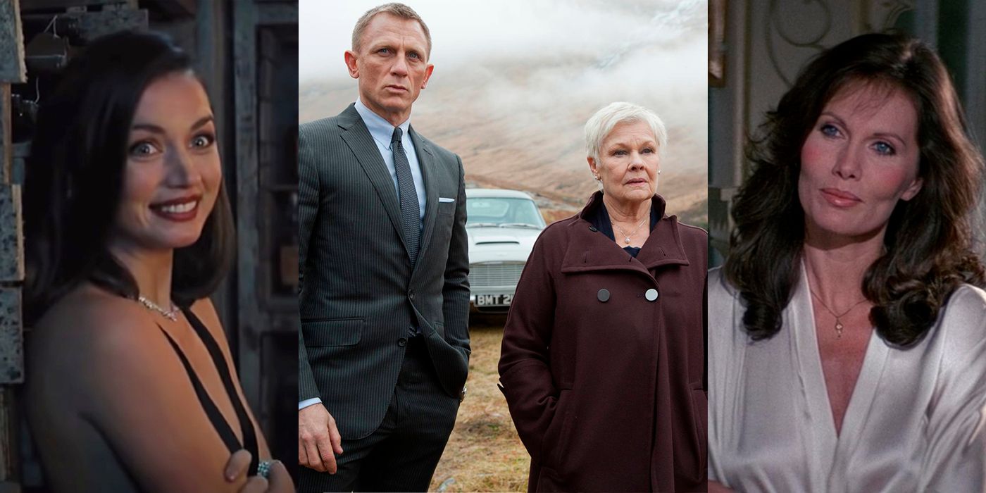 Split image of Ana de Armas, Daniel Craig, Judi Dench, and Maud Adams from the James Bond films