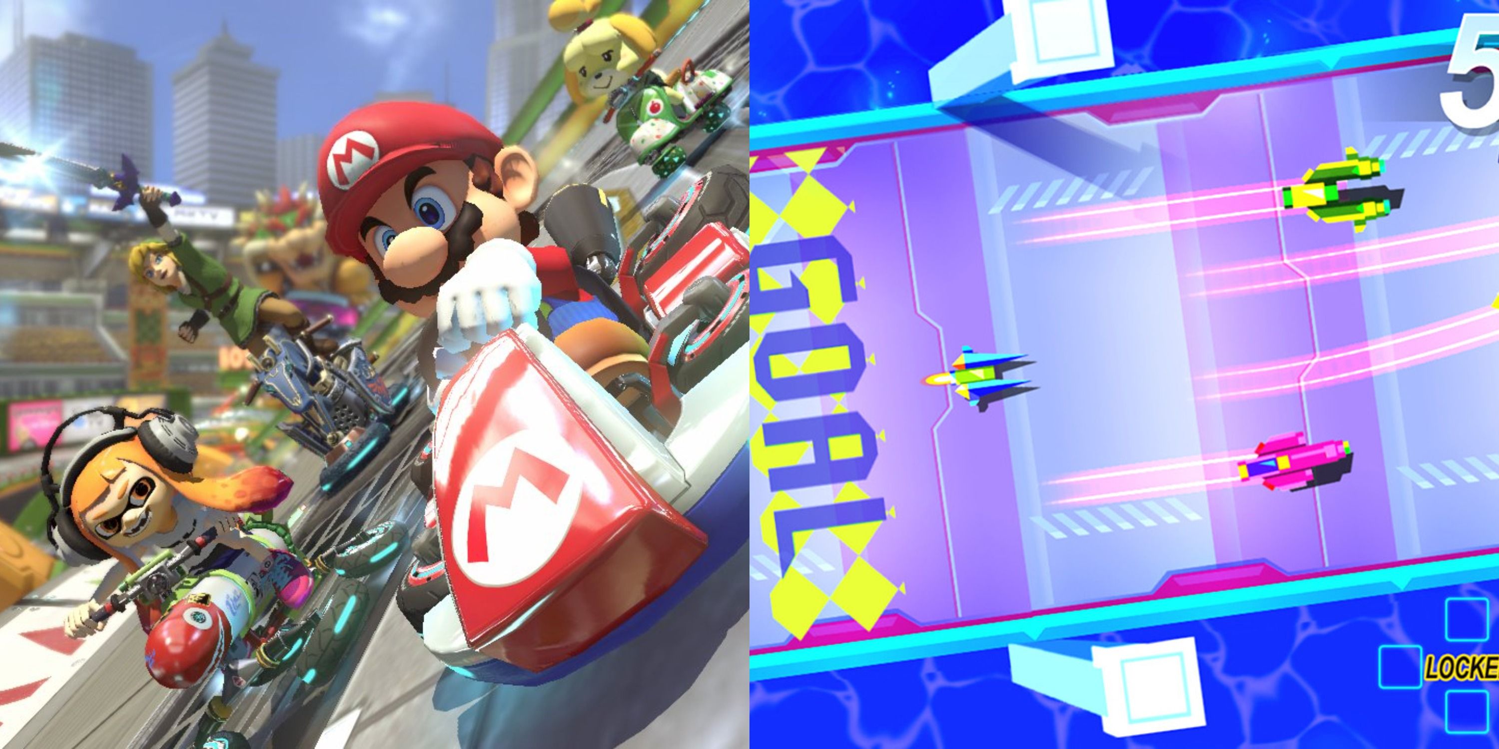 Split image of gameplay from Mario Kart 8 Deluxe and The Next Penelope