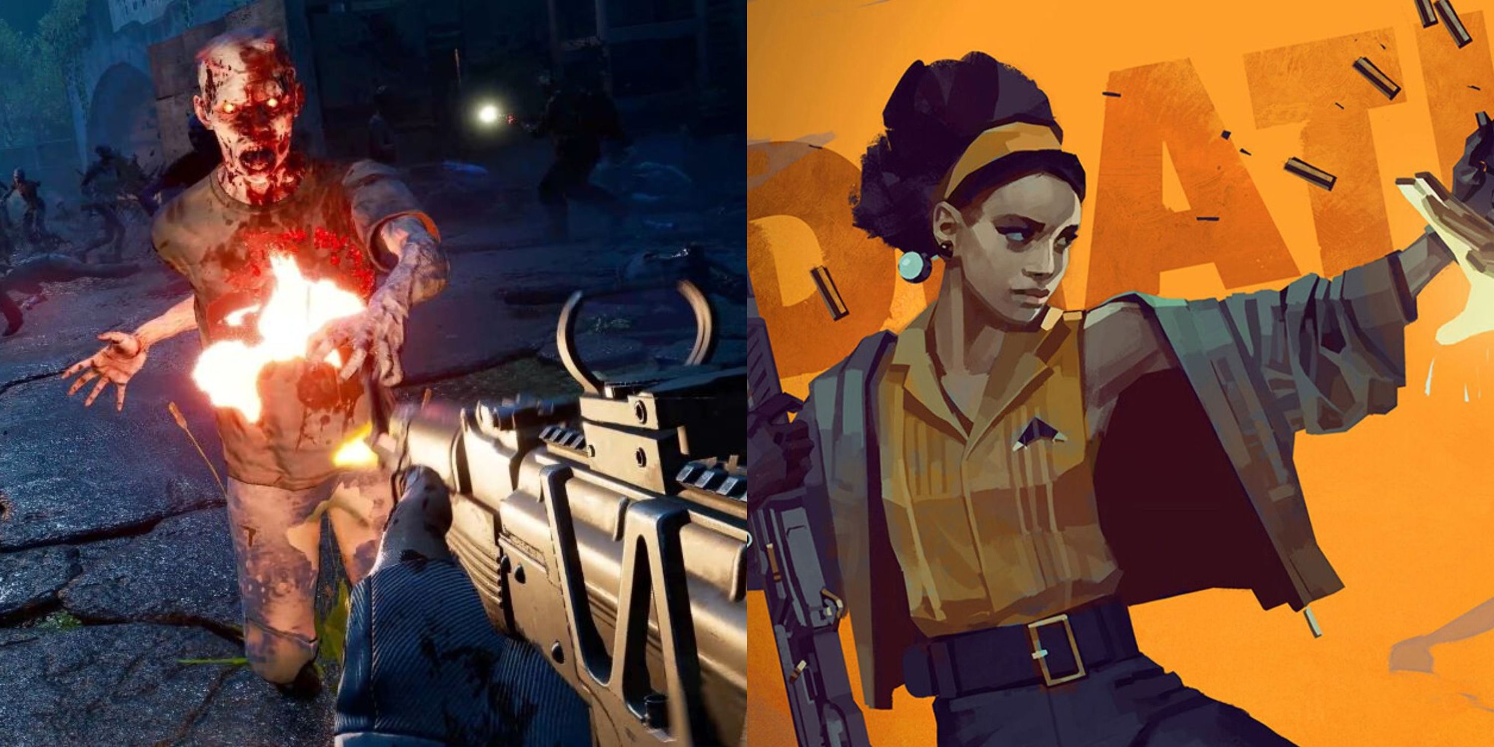 Split image of Back 4 Blood gameplay and Deathloop cover art