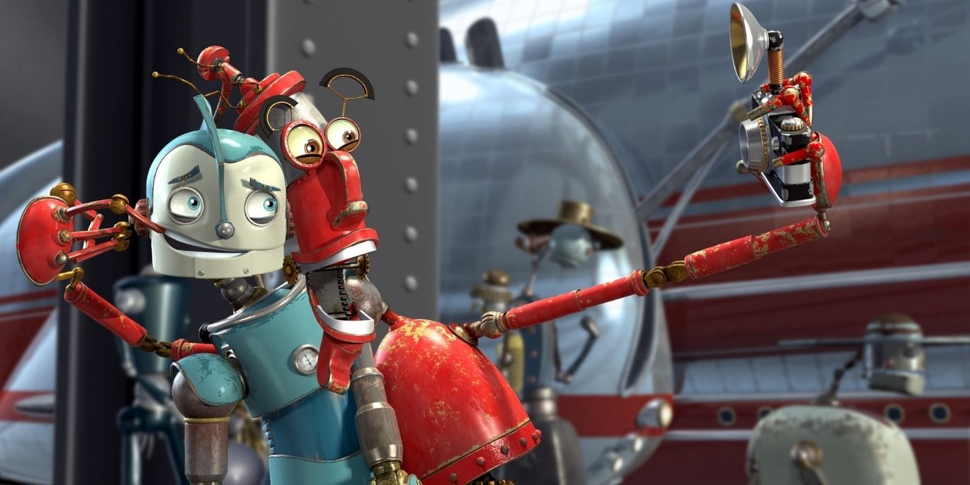 Fender forcing Rodney to smile for a selfie in the movie Robots