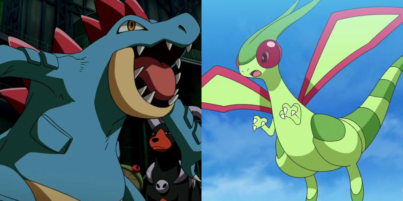 Split image of Feraligatr and Flygon in the Pokémon anime