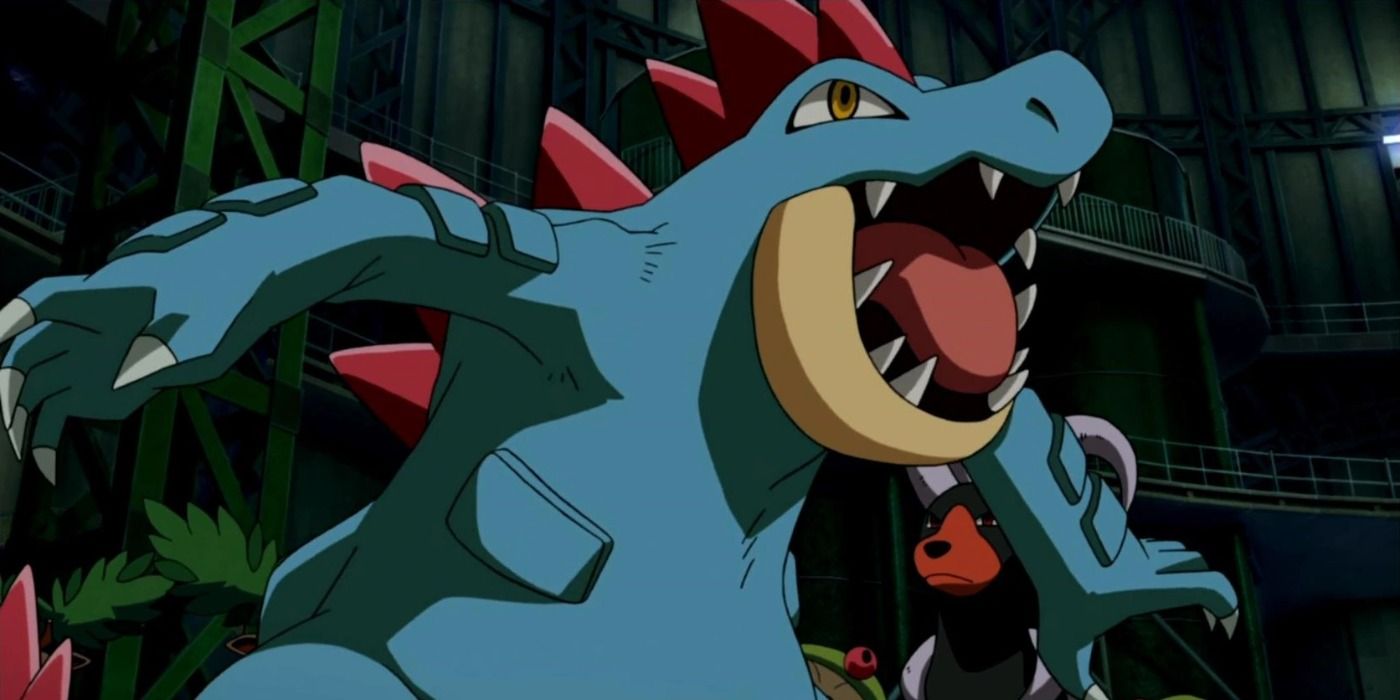 Feraligatr rugindo no anime Pokémon.