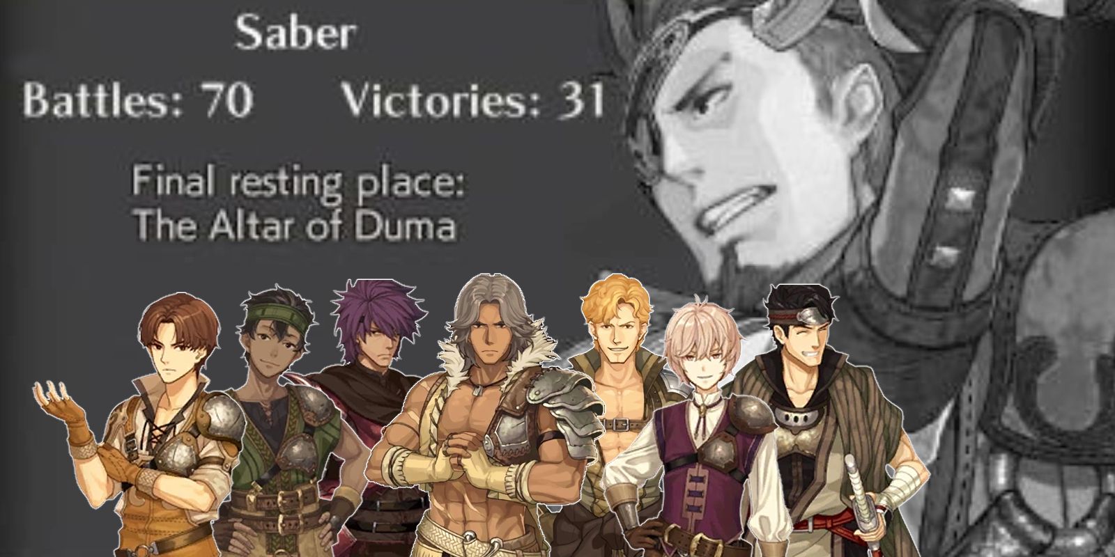 A collection of the dread warriors against a memorium photo in Fire Emblem Echoes.
