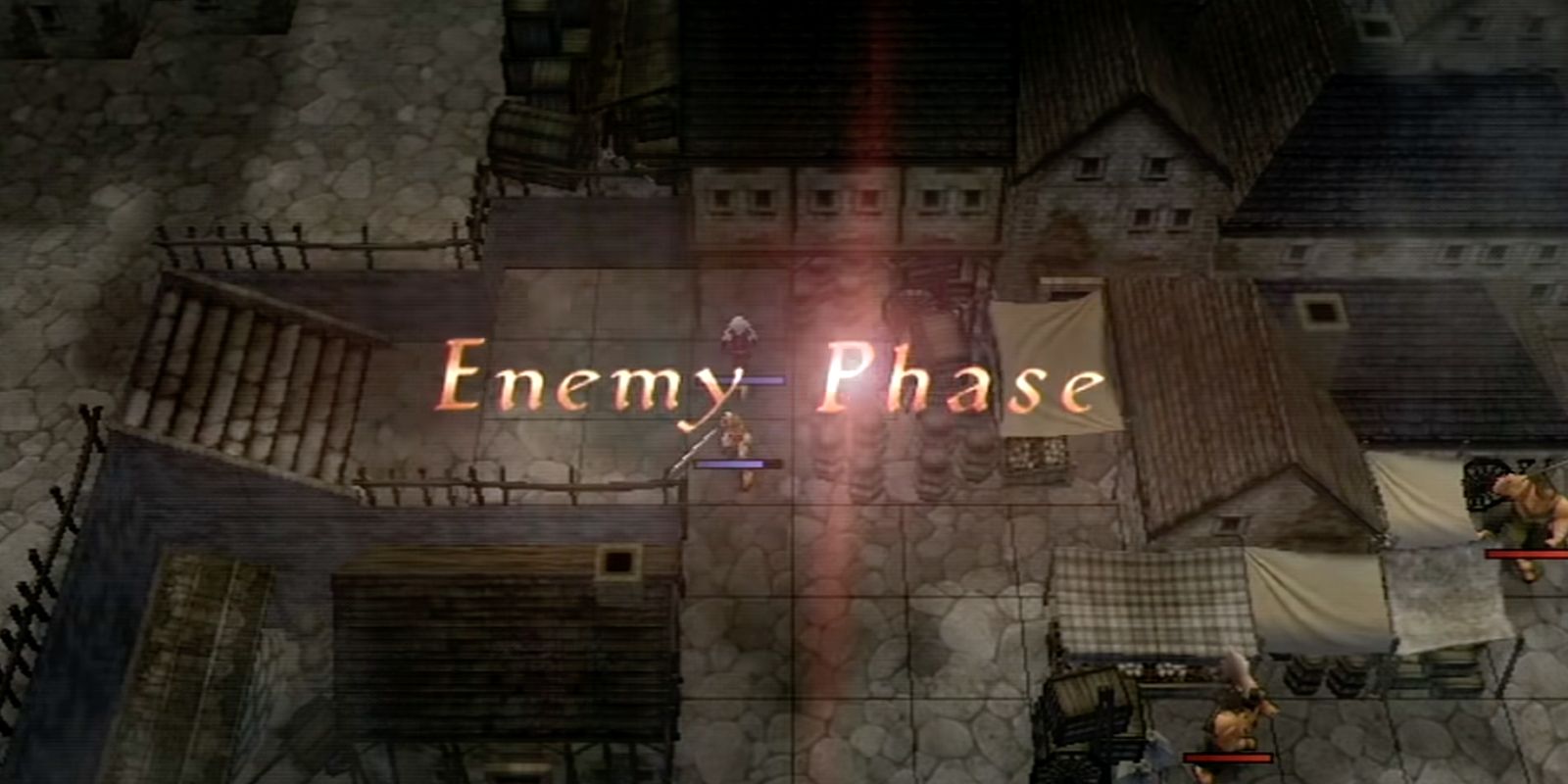 Fire Emblem Radiant Dawn Enemy Phase marker alert during combat in a cityscape.