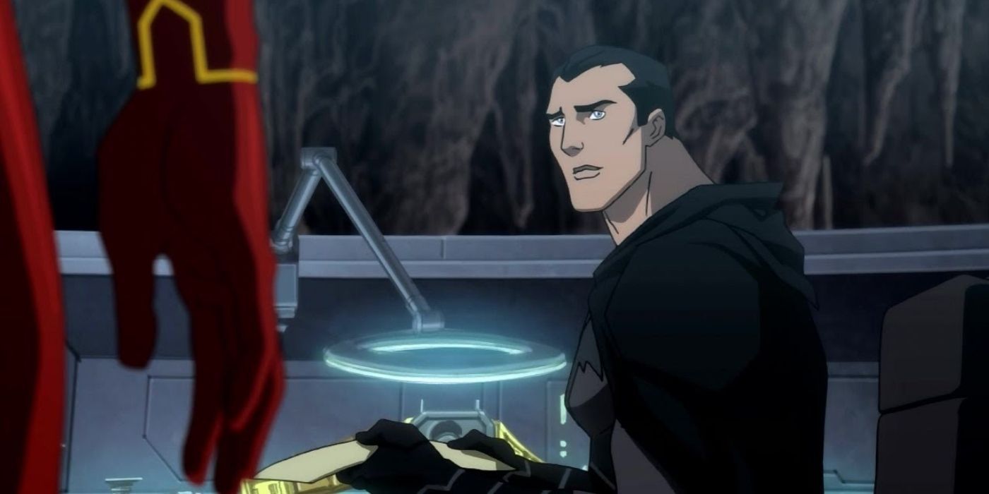 Batman holding a letter and looking Flash in the Flashpoint animated movie