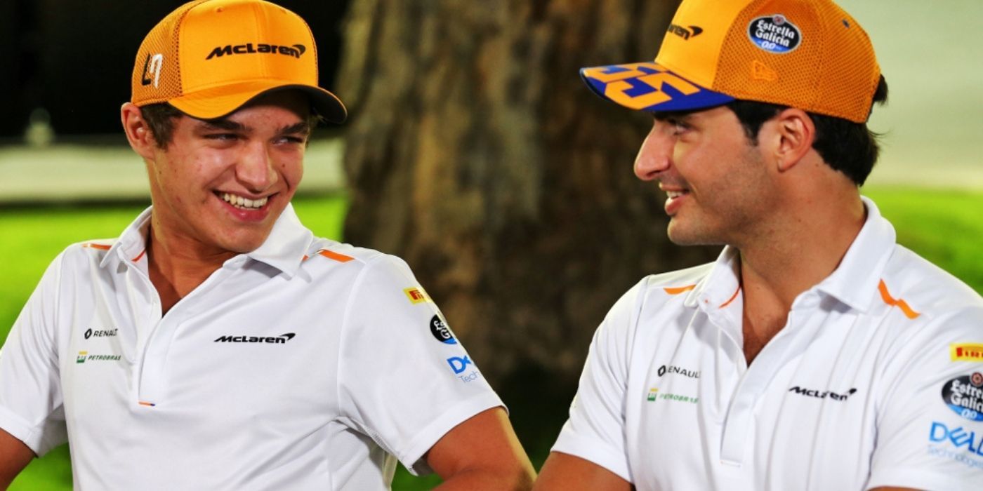 Lando Norris and Carlos Sainz smiling at each other in Formula 1 Drive to Survive